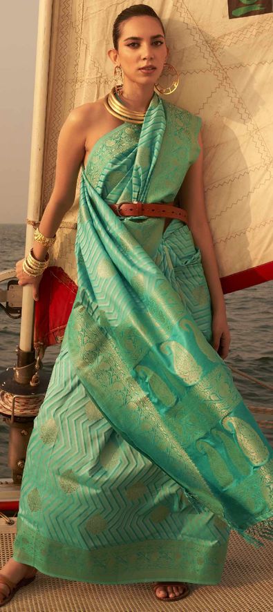 Printed Silk Saree in Teal green with Blouse - SR20999