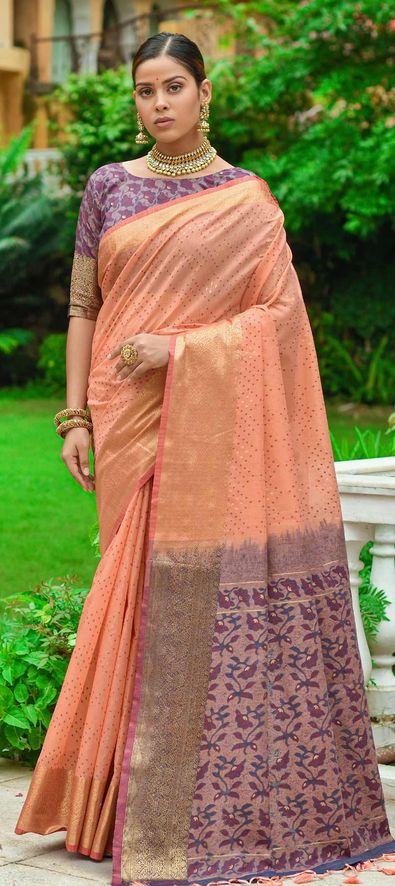 Silk Peach Zari Classic Saree