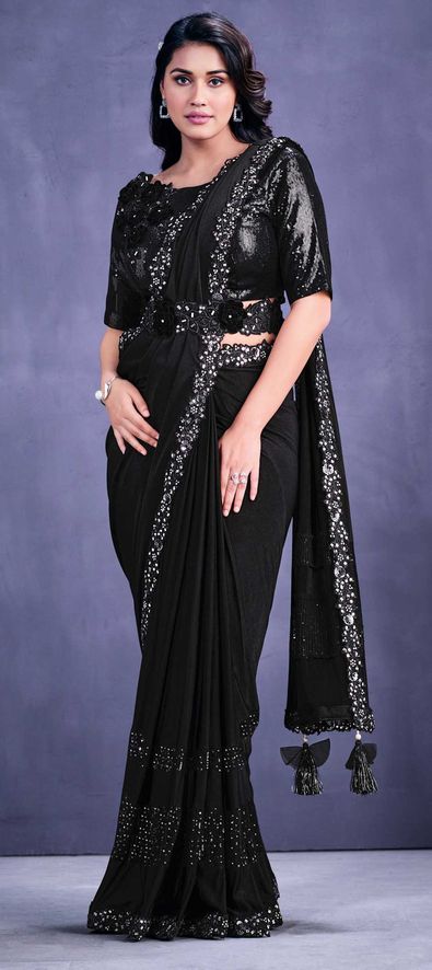 Black Cotton Formal Readymade Saree