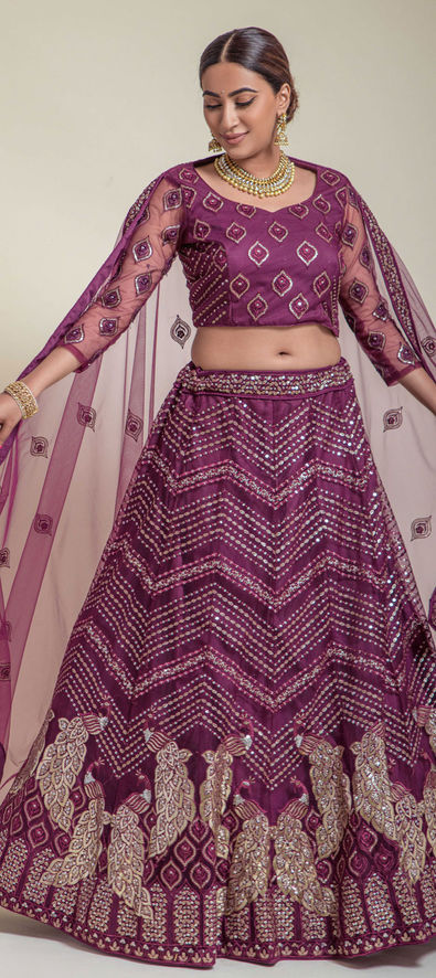 indian wedding lehenga Online | Buy Purple Soft Net Wedding Lehenga