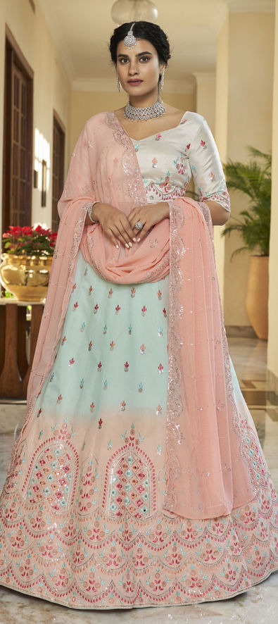 Pavitraa Net Floral Designer pink, yellow and Blue color Lehenga Choli «  Indian Lehenga Choli