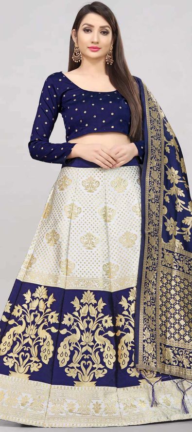 Off White Banarasi Art Silk Embroidered N Stones Umbrella Lehenga Wedding  Wear - Vasu Sarees - 3676070