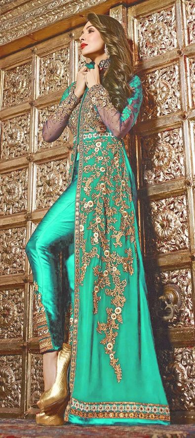 Buy Zari Silk Eid Straight Pant Suit in Dark Green Color Online - LSTV04062  | Andaaz Fashion