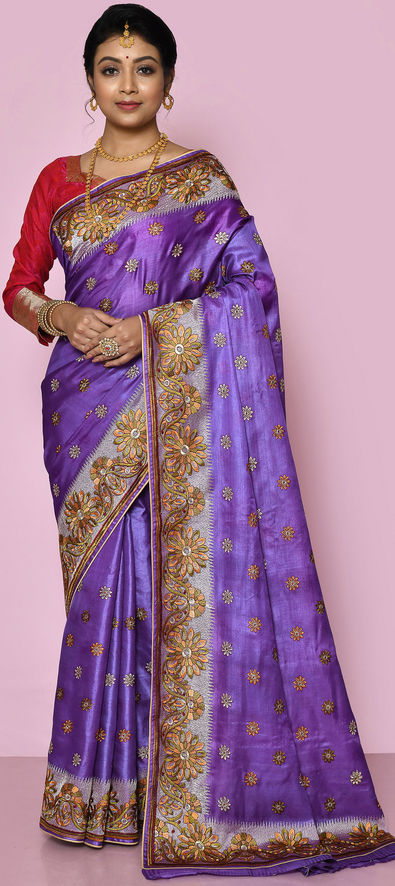 Buy Pleated Purple Saree Paired With Silk Blouse In All Over Hand  Embroidery by KAVITA BHARTIA at Ogaan Online Shopping Site