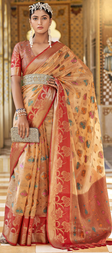 Digital Printed Art Silk Saree in Brown : SFF2908