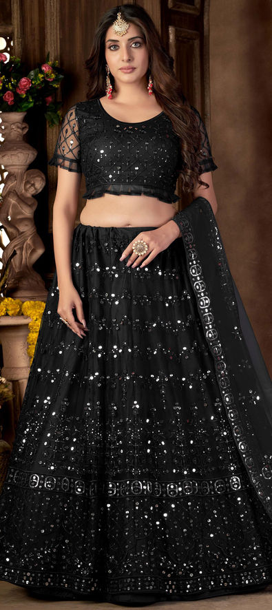 Buy Grey Net zari mirror work wedding lehenga choli at