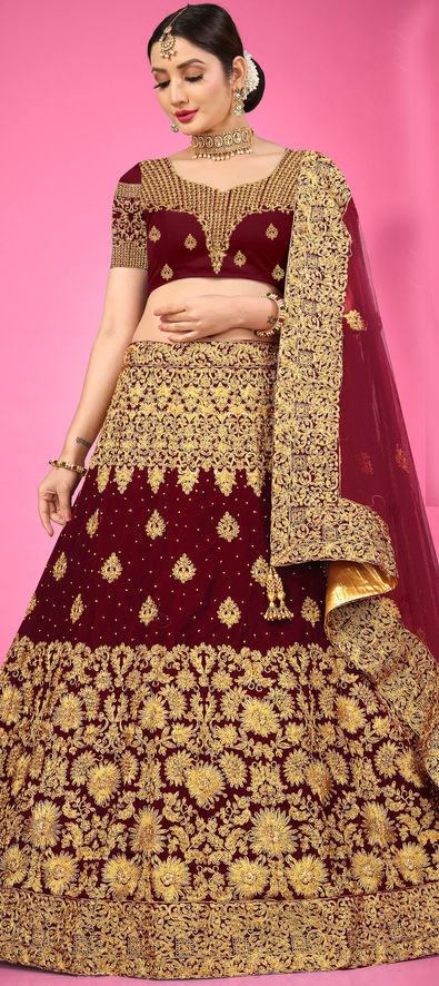 Buy FUSIONIC Maroon Color Stone And Zari Work Velvet Fabric Lehenga For  Women at Amazon.in