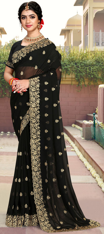 Beautiful black colour with red embroidery and sequence work lace border  saree- ShopLance