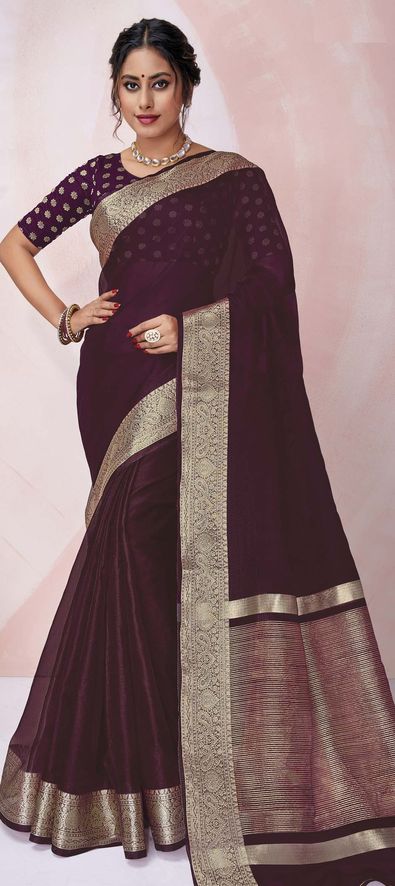 Pure Georgette With Fancy Lace & Beautiful Dark Maroon Blouse Saree -  VootMart.com