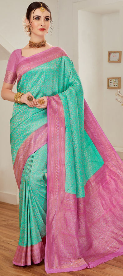 Green & Pink Designer Satin Crepe Printed Saree - Cloths