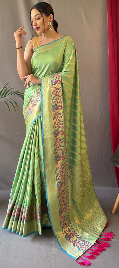 Embroidered Work On Bewitching Art Silk Saree In Mehendi Green Color