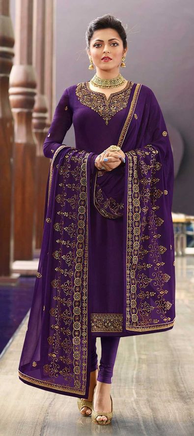 RF - Purple color faux Georgette Palazzo Suit. - Designer Salwar Kameez -  Salwar Suits - Indian
