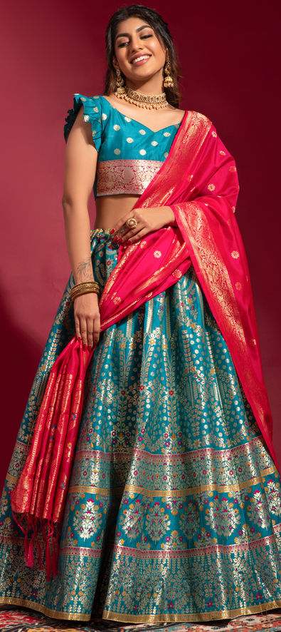 Festive Reception Blue Color Banarasi Silk Fabric Lehenga 1856701 3777