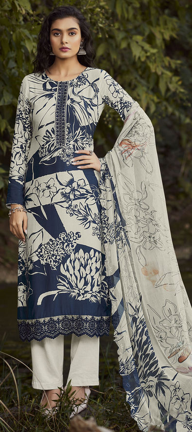 Casual Blue, White and Off White color Muslin, Viscose fabric Salwar Kameez  : 1858256