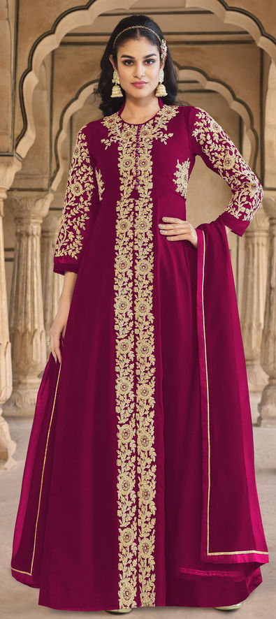 Wine Thread Embroidered Georgette Anarkali Dress-Plus Size