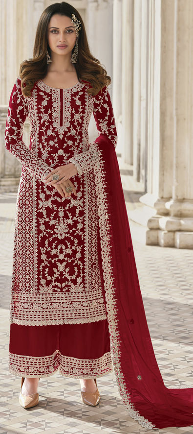Festive, Party Wear Red and Maroon color Net fabric Salwar Kameez : 1858447