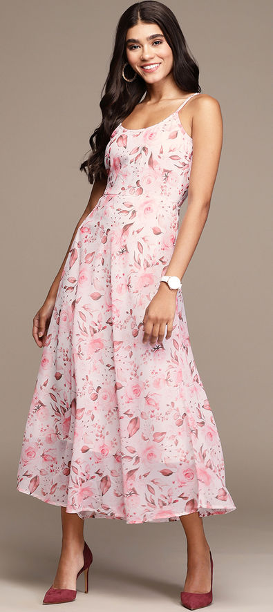 Off White Georgette Flower Printed Party Wear Midi Dress