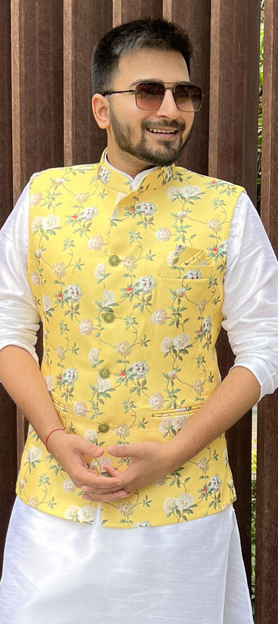Showoff Yellow Regular Fit Printed Nehru Jacket