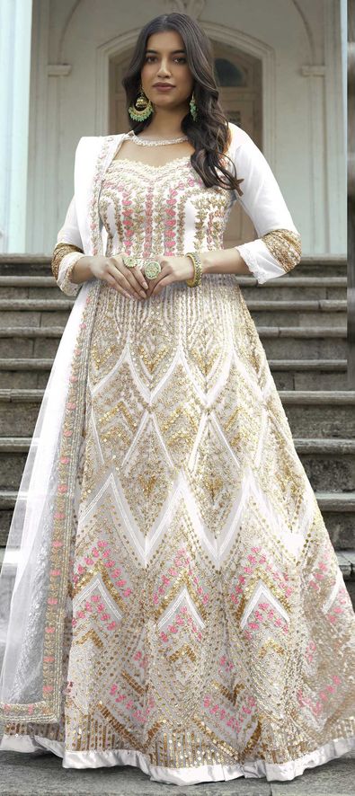 off white net embroidered wedding anarkali suit 4554a