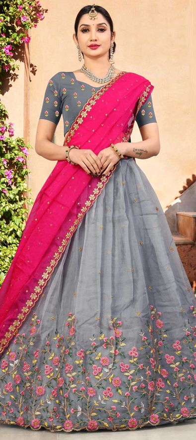 Lavanya The Label Grey & Pink Printed Ready to Wear Lehenga & Blouse With  Dupatta - Absolutely Desi