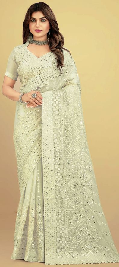 Off White Sequins Embroidered Party Wear Saree