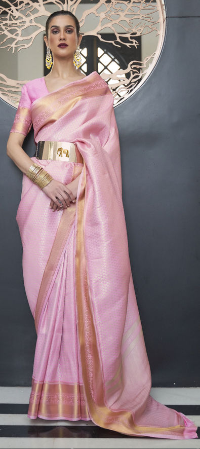 Pure Heritage Silk Wedding Wear Saree In Pink With Embroidery & Crystal  Stone Work - Reception Saree - Saree