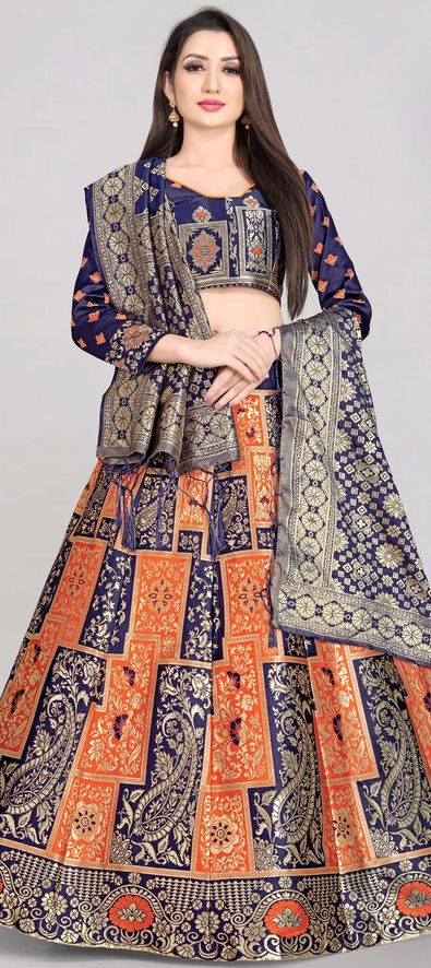 Navy Blue and Orange Banarasi Silk Jacquard Work Designer Long Lehenga  Choli -