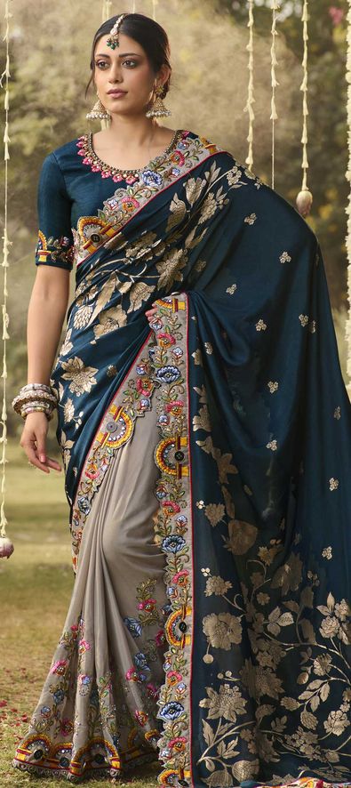 Fancy Laycra Wedding Wear Saree In Blue Color WIth Embrodiery Work - Wedding  Wear Saree - Saree