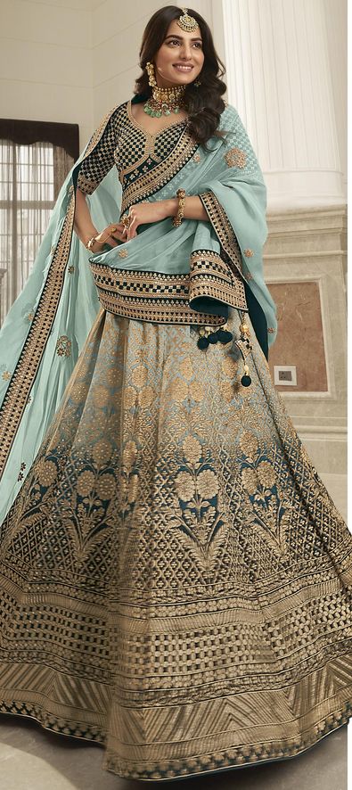 Lehenga in firozi color | Designer lehenga choli, Lehenga choli online,  Designer bridal lehenga