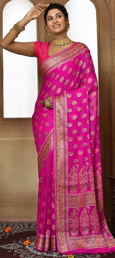 Green Bridal Woven Banarasi Silk Saree With Pink Blouse