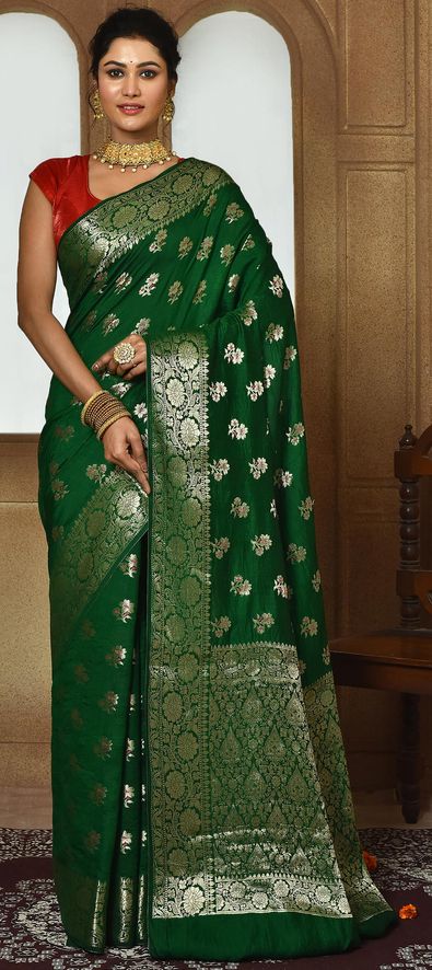 Dark Green Pure Silk Saree With Colorful Patterns And Red Colored Blouse |  Cash On Delivery Available, Throughout India