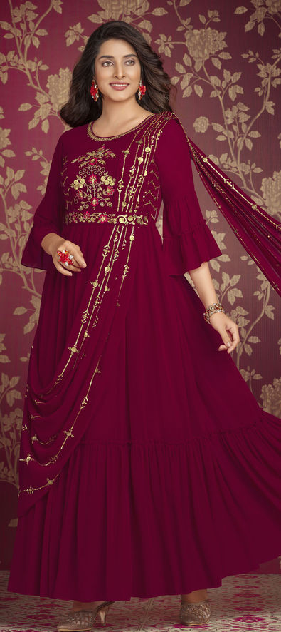 Georgette Maroon Gown Dress in Embroidered UK - GW0591