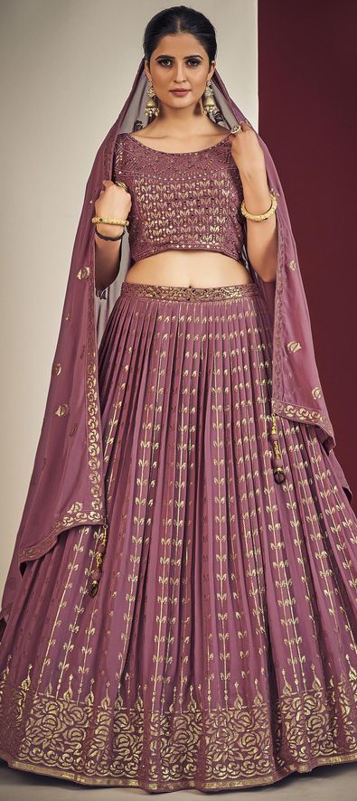 Embroidered Net Lehenga in Light Purple : LYC1565