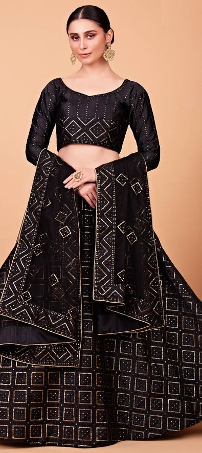 Party Wear, Reception Black and Grey color Satin Silk fabric Lehenga :  1860294