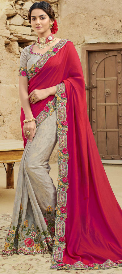 Mesmerizing Pink and Red Reception Trendy Saree -