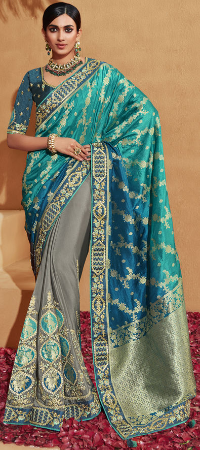 Beautiful Looking Wedding Saree In Grey Blue Color