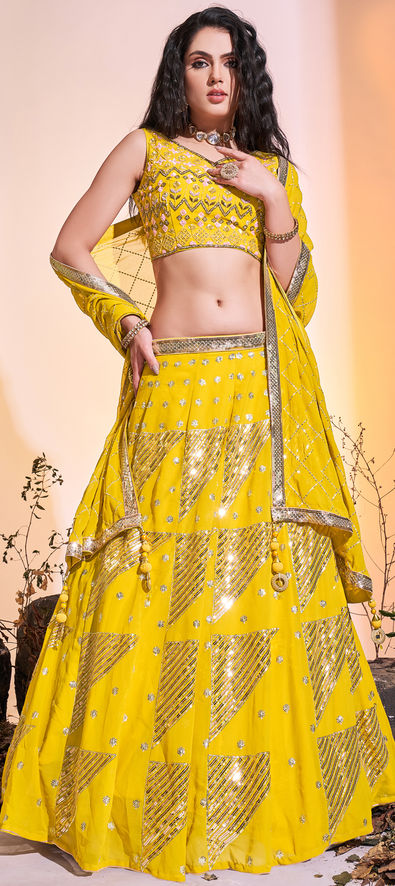 Indian Yellow Art Silk Lehenga With Gorgeous Heavy Embroidery With Print &  Swarovski Work For Wedding Engagement, Traditional Functions Wear at Rs  13999.00 | Silk Lehenga | ID: 26440692088