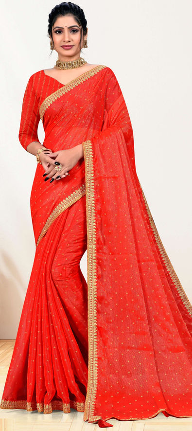 Red Color Organza Fabric Party Wear Appealing Readymade Saree