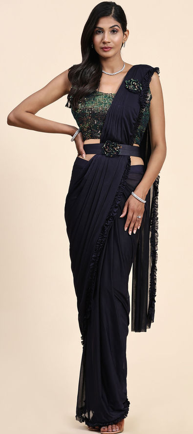 Lycra Mehendi Sangeet Readymade Saree in Black and Grey with Embroidered  work