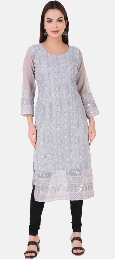 A Line style Cotton fabric Grey color floral Printed kurti with bottom and  Dupatta