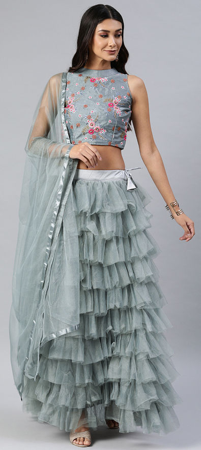 Grey Lehenga Peplum – Ivory Ruffled Dupatta for Nikah