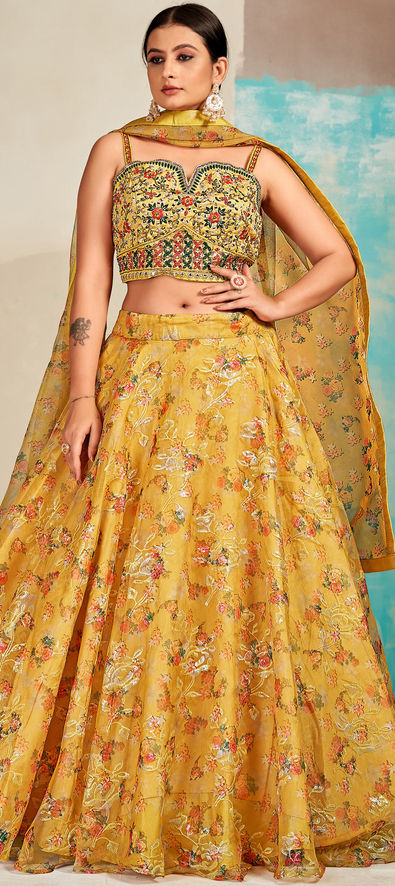 1563491: Engagement, Mehendi Sangeet, Reception Yellow color Banarasi Silk  fabric Lehenga