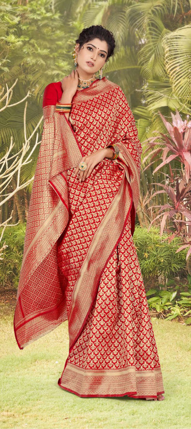 Shimmer Silk Party Wear Saree in Red and Orange Dual Tone | Kolour