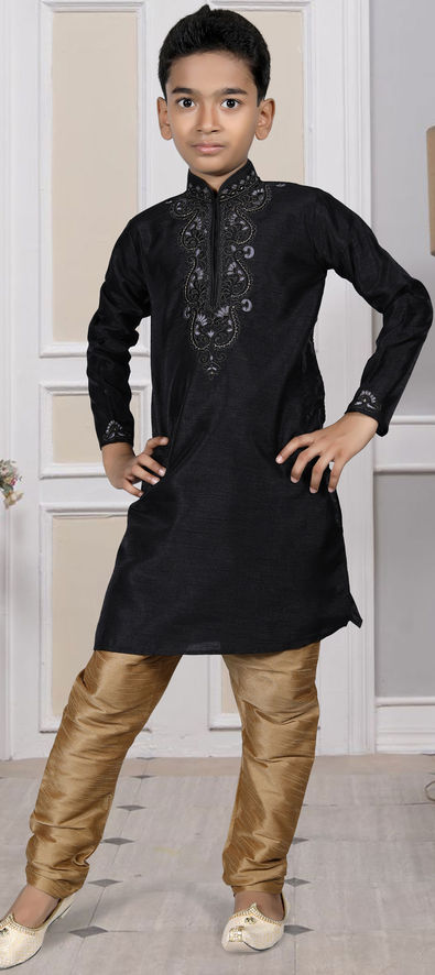 Party Wear Black and Grey color Art Silk fabric Boys Kurta Pyjama