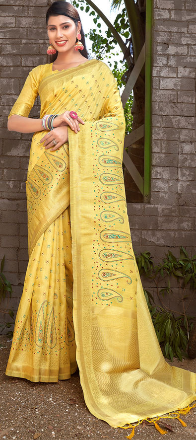 Yellow Gold Plain Border Premium Polycotton Raw Silk Saree For Staff U–  Uniform Sarees