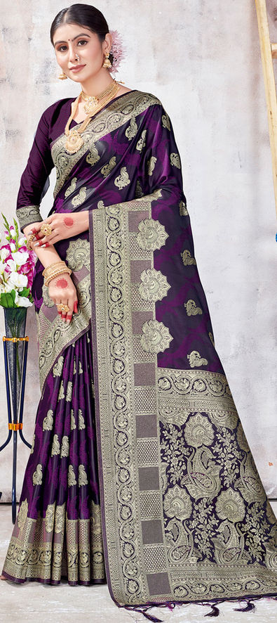 Kalash Motifs Meenakari Banarasi Pure Silk Saree in Purple | SILK MARK –  Shobitam
