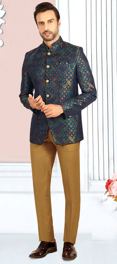 Digital Printed Terry Rayon Layered Jodhpuri Suit in Navy Blue : MHG2894
