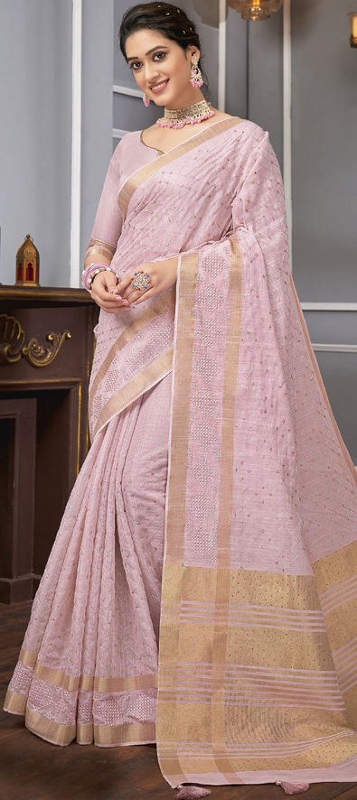 Grey Floral Embroidered Linen Saree