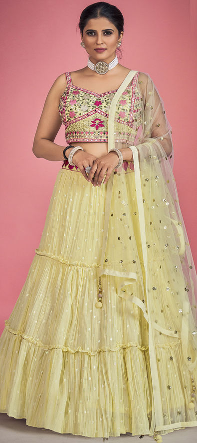 Yellow Raw Silk Sangeet Lehenga with Prices