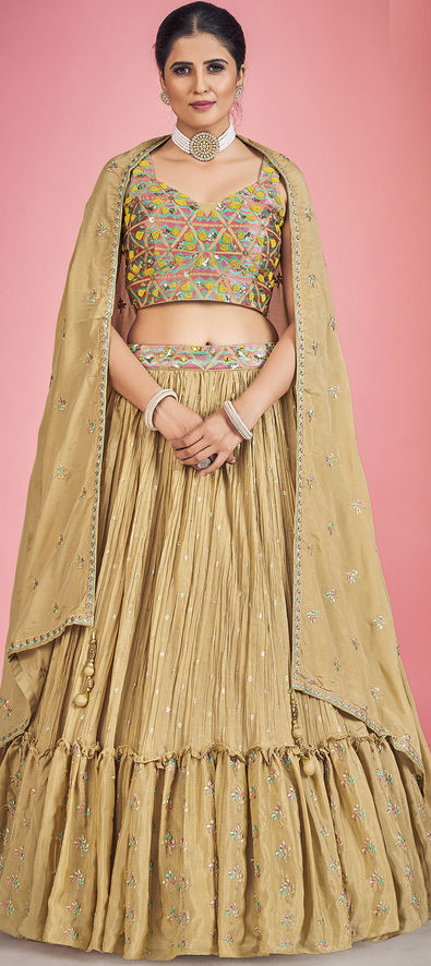 Off-white silk Banarasi Mirror work Lehenga: Bridal Reception Outfit – B  Anu Designs